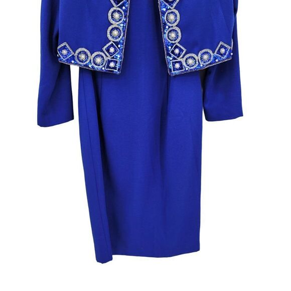 Vintage 80s Nah Nah Petites Dress Set M Royal Blue Pearl Sequin Jacket Midi Glam - Picture 7 of 17